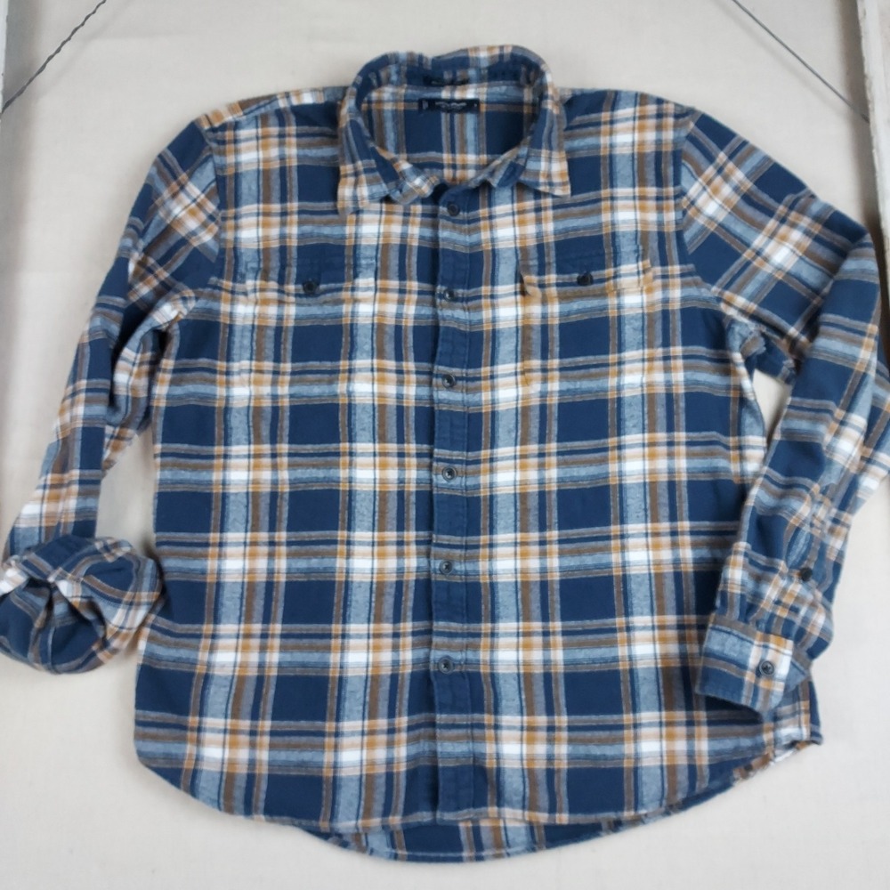 Lucky Brand Mens Large Blue Plaid Flannel Shirt Classic Fit Cotton Button Front